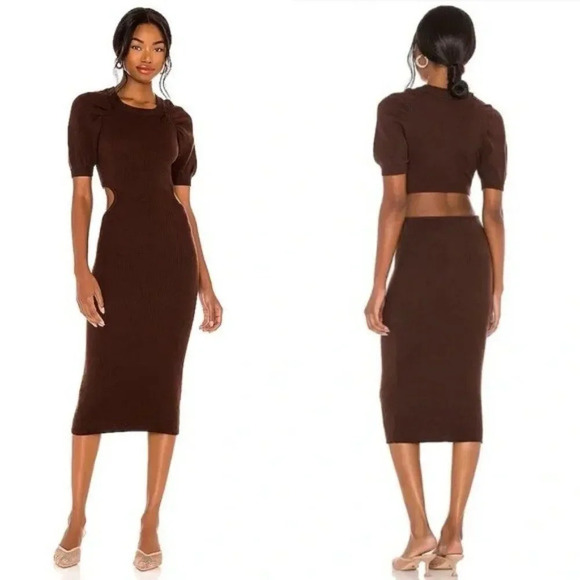 LPA Clementine Cutout Midi Dress Chocolate Brown Ribbed Knit Puff Sleeve Small - Picture 1 of 8